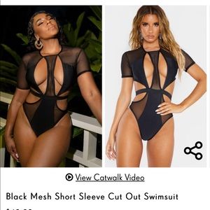 Black Mesh Short Sleeve Cut Out Swimsuit